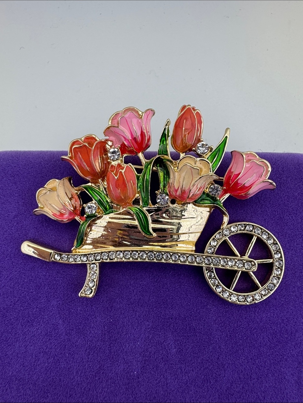 💛 Anne Klein Gold-Tone Tulip Wheelbarrow Floral Brooch | Pink & Green Enamel
